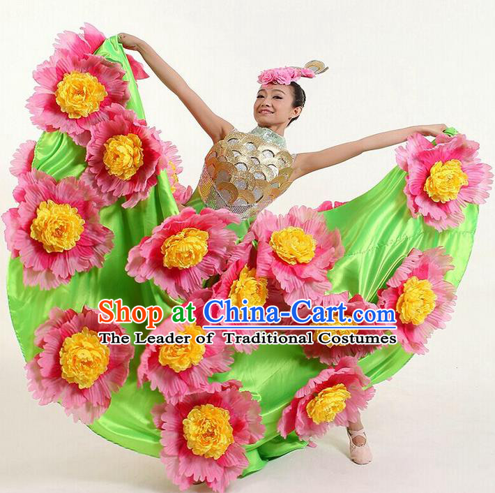 Top Grade Compere Professional Compere Costume, Chorus Flowers Dress Modern Opening Dance Big Swing Green Dress for Women