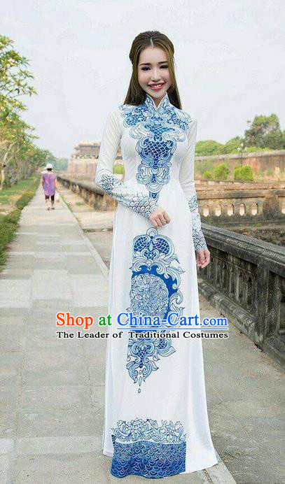 Traditional Top Grade Asian Vietnamese Ha Festival Printing Ao Dai Dress, Vietnam Women National Jing Nationality Princess Blue and White Porcelain Cheongsam Bride Costumes
