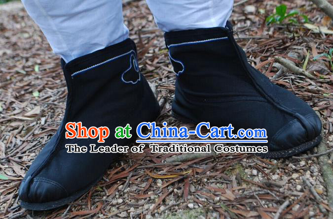 Traditional Chinese Peking Opera Shoes, China Ancient Short Boots, Chinese Kung fu Black Cloth Boots for Men