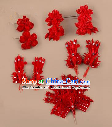 Chinese Ancient Peking Opera Phoenix Hair Accessories, Traditional Chinese Beijing Opera Props Head Ornaments Hua Tan Flocking Headwear Hairpins Complete Set