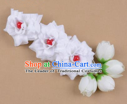 Chinese Ancient Peking Opera White Flowers Hair Accessories, Traditional Chinese Beijing Opera Props Head Ornaments Hua Tan Flocking Headwear Hairpins