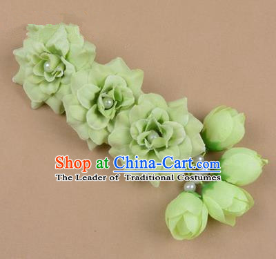 Chinese Ancient Peking Opera Green Flowers Hair Accessories, Traditional Chinese Beijing Opera Props Head Ornaments Hua Tan Flocking Headwear Hairpins