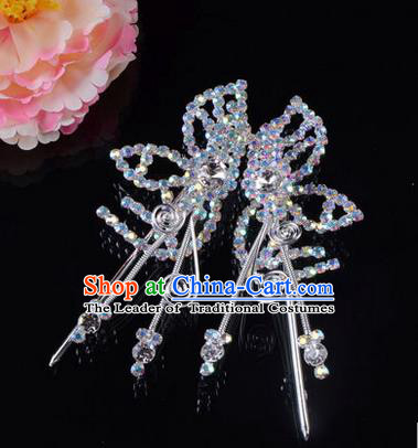 Chinese Ancient Peking Opera Hair Accessories Young Lady Headwear, Traditional Chinese Beijing Opera Head Ornaments Hua Tan Butterfly White Crystal Hairpins