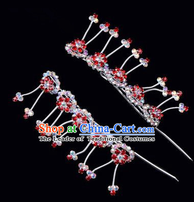 Chinese Ancient Peking Opera Hair Accessories Young Lady Headwear, Traditional Chinese Beijing Opera Head Ornaments Hua Tan Plum Blossom Colorful Red Crystal Hairpins