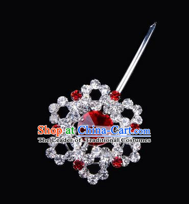 Chinese Ancient Peking Opera Pink Flowers Hair Accessories Headwear, Traditional Chinese Beijing Opera Head Ornaments Hua Tan Red Hexagonal Crystal Bulb Hairpins