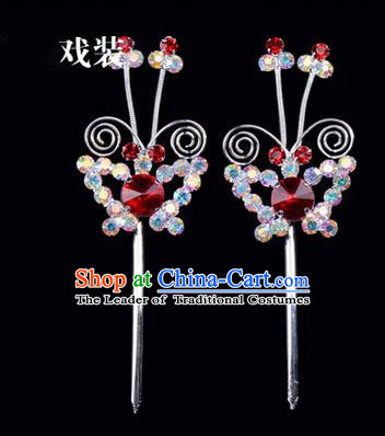 Chinese Ancient Peking Opera Pink Flowers Hair Accessories Headwear, Traditional Chinese Beijing Opera Head Ornaments Hua Tan Colorful Red Butterfly Crystal Hairpins