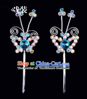 Chinese Ancient Peking Opera Pink Flowers Hair Accessories Headwear, Traditional Chinese Beijing Opera Head Ornaments Hua Tan Colorful Blue Butterfly Crystal Hairpins