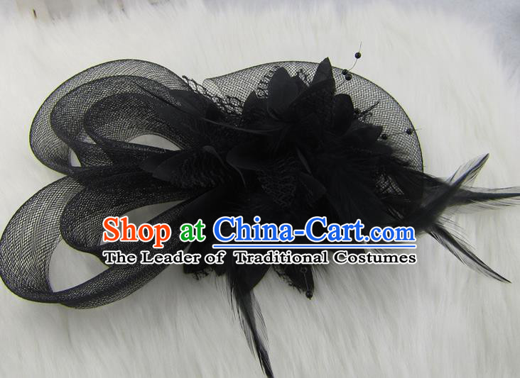 Top Modern Dance Hair Accessories Hair Clasp, Female Black Feather Veil Ornament Headband for Women