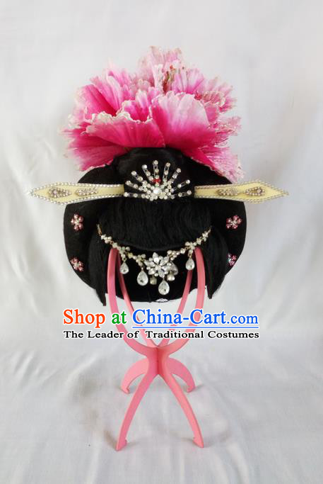 Traditional Chinese Peking Opera Imperial Concubine Headgear Wigs and Hair Accessories Complete Set, China Tang Dynasty Palace Lady High-grade Headwear for Women