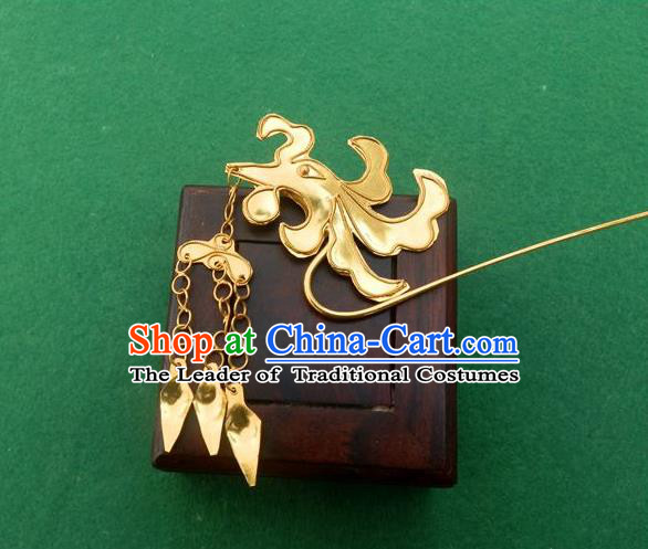 Traditional Chinese Ancient Classical Handmade Phoenix Head Tassel Golden Hairpin Jewelry Accessories Hanfu Classical Palace Combs and Sticks for Women
