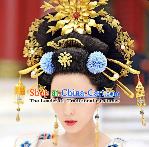 Traditional Chinese Ancient Classical Handmade Tang Dynasty Imperial Consort Hairpin Phoenix Coronet Jewelry Accessories Hanfu Classical Palace Combs Hair Sticks Complete Set for Women