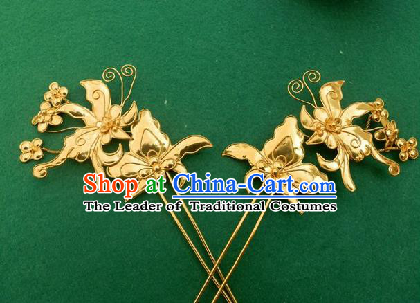 Traditional Chinese Ancient Classical Handmade Love of Butterfly Hairpin Jewelry Accessories Hanfu Palace Golden Combs and Sticks for Women