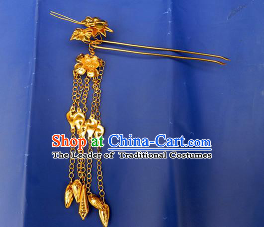 Traditional Handmade Chinese Ancient Classical Hair Accessories Barrettes Mandarin Imperial Empress Wedding Hairpins Bride Tassel Golden Step Shake Hair Ornament for Women