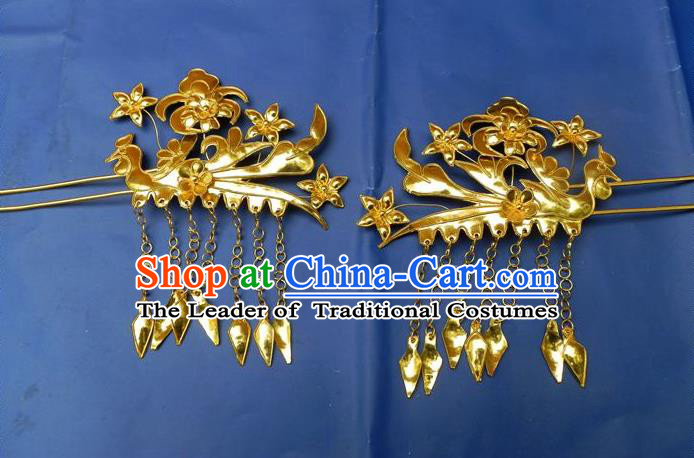 Traditional Handmade Chinese Ancient Classical Hair Accessories Barrettes Golden Phoenix Hairpins, Step Shake Hair Sticks Hair Jewellery for Women