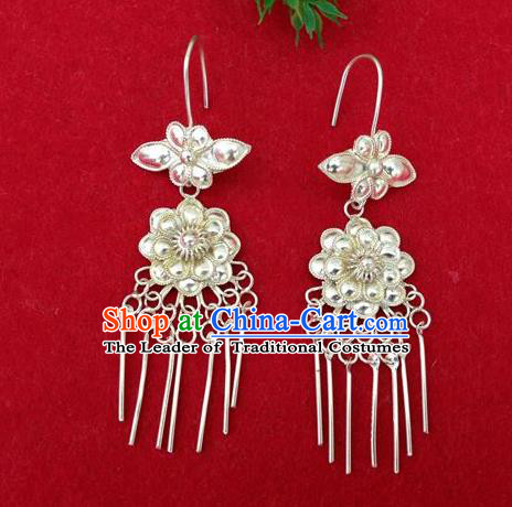 Traditional Handmade Chinese Ancient Classical Earrings Accessories Pure Sliver Peony Tassel Peacock Eardrop for Women