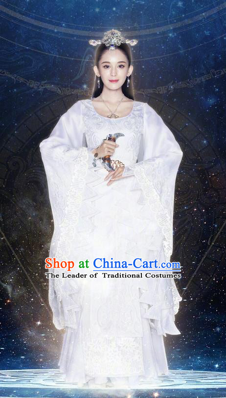 Chinese Ancient Tang Dynasty Peri Princess Costume and Headwear, Fighter of the Destiny Traditional Chinese Ancient Swordswoman Clothing Complete Set