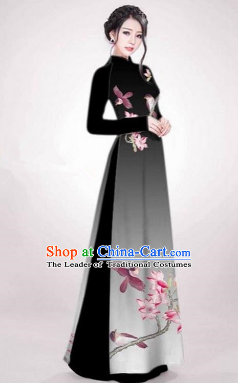 Top Grade Asian Vietnamese Traditional Dress, Vietnam Ao Dai Dress Black Cheongsam Clothing for Women