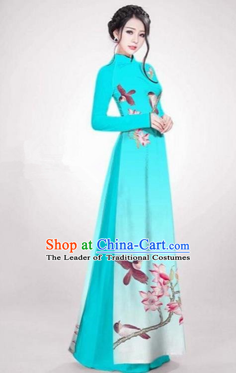 Top Grade Asian Vietnamese Traditional Dress, Vietnam Ao Dai Dress Blue Cheongsam Clothing for Women