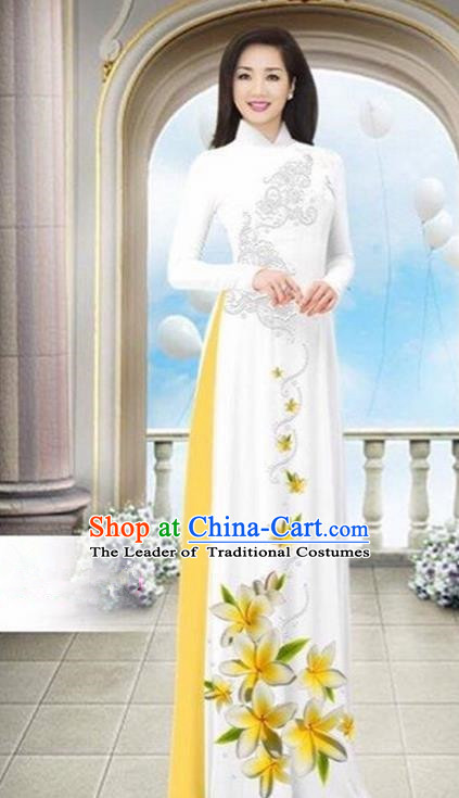 Top Grade Asian Vietnamese Traditional Dress, Vietnam Bride Ao Dai Dress Wedding White Printing Cheongsam Clothing for Women