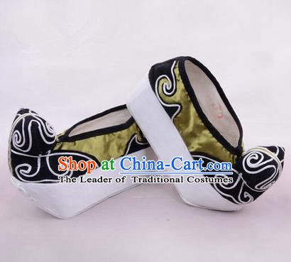 Chinese Ancient Peking Opera Young Men High Sole Shoes, Traditional China Beijing Opera Male Green Embroidered Shoes