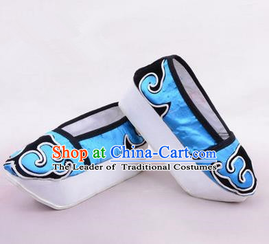 Chinese Ancient Peking Opera Huangmei Opera Young Men High Sole Shoes, Traditional China Beijing Opera Male Blue Embroidered Shoes