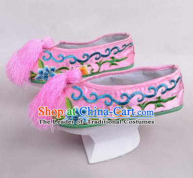 Chinese Ancient Peking Opera Young Lady Embroidered Hua Tan Shoes, Traditional China Qing Dynasty Manchu Princess Beijing Opera Pink Embroidered Shoes Saucers