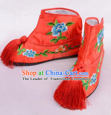 Chinese Ancient Peking Opera Martial Lady Embroidered Boots, Traditional China Beijing Princess Opera Red Embroidered Shoes