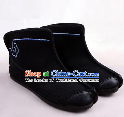 Chinese Ancient Peking Opera Huangmei Opera Martial Boots, Traditional China Beijing Opera Male Black Embroidered Shoes