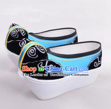 Chinese Ancient Peking Opera Scholar Young Men High Sole Shoes, Traditional China Beijing Opera Male Blue Embroidered Shoes