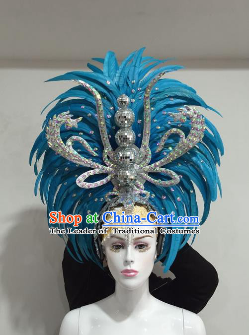 Top Grade Professional Stage Show Halloween Crystal Feather Headpiece Delux Hat, Brazilian Rio Carnival Samba Opening Dance Blue Feather Headwear for Women