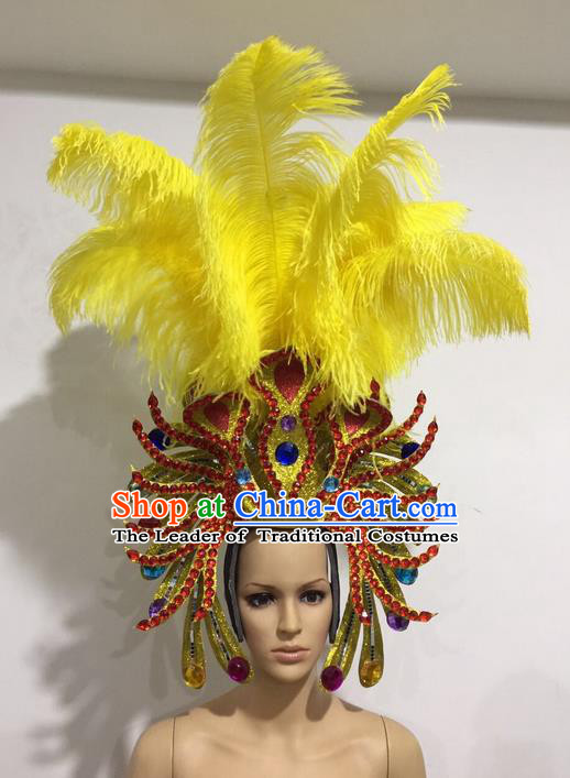 Top Grade Professional Stage Show Halloween Yellow Feather Headpiece Exaggerate Hat, Brazilian Rio Carnival Samba Opening Dance Hair Accessories Cleopatra Headwear for Women