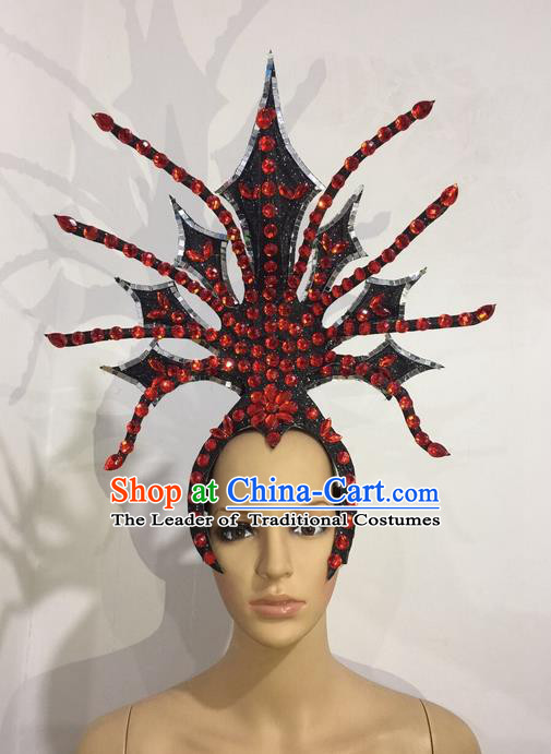 Top Grade Professional Stage Show Halloween Red Crystal Headpiece Exaggerate Hat, Brazilian Rio Carnival Samba Opening Dance Hair Accessories Cleopatra Headwear for Women