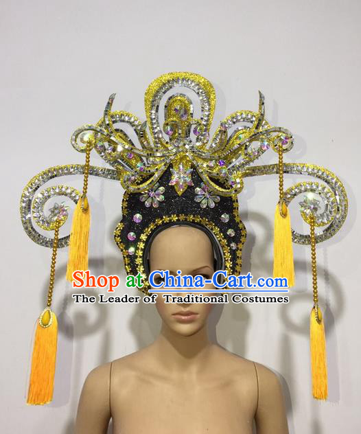 Top Grade Professional Stage Show Halloween Queen Headpiece Exaggerate Golden Hat, Brazilian Rio Carnival Samba Opening Dance Imperial Empress Hair Accessories Headwear for Women