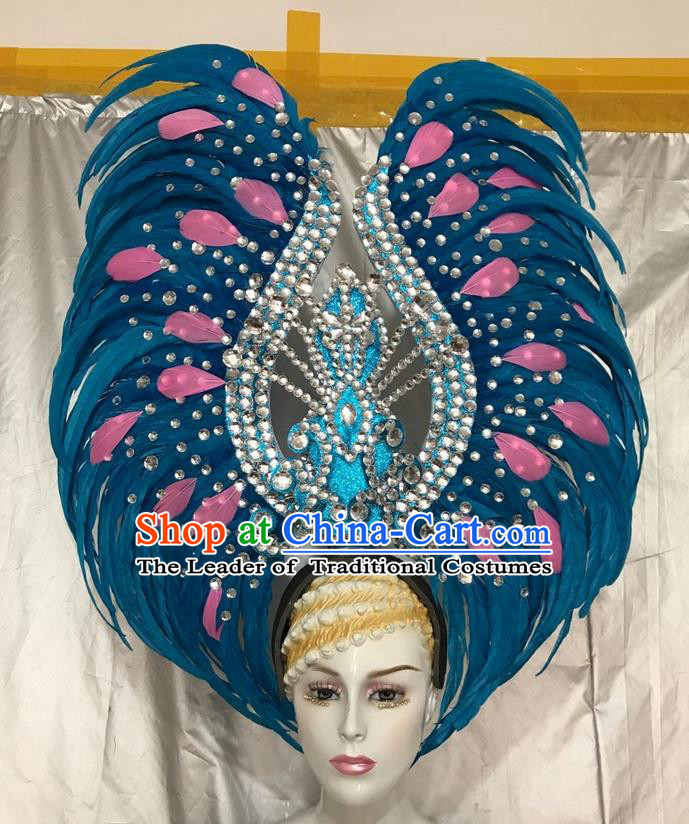 Top Grade Professional Stage Show Giant Headpiece Blue Feather Hair Accessories Crystal Decorations, Brazilian Rio Carnival Samba Opening Dance Headwear for Women
