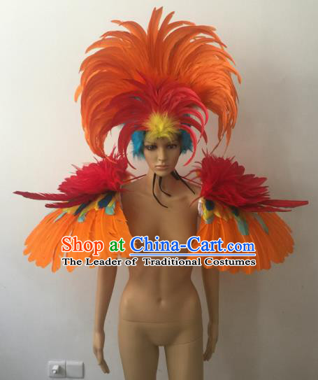 Top Grade Professional Performance Catwalks Costume and Headpiece, Traditional Brazilian Rio Carnival Samba Modern Fancywork Feather Clothing for Men