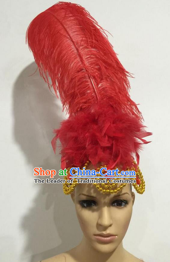 Top Grade Professional Stage Show Giant Headpiece Parade Hair Accessories, Brazilian Rio Carnival Samba Opening Dance Imperial Empress Red Feather Headwear for Women