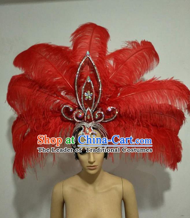 Top Grade Professional Stage Show Giant Headpiece Parade Big Hair Accessories Decorations, Brazilian Rio Carnival Samba Opening Dance Red Feather Headdress for Women
