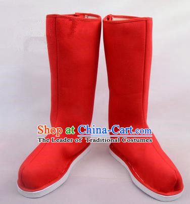 Chinese Ancient Peking Opera Officer Embroidered Court High Leg Boots, Traditional China Beijing Opera Red Cloth Shoes