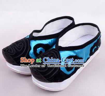 Chinese Ancient Peking Opera Huangmei Opera Old Men High Sole Shoes, Traditional China Beijing Opera Male Milord Blue Embroidered Shoes