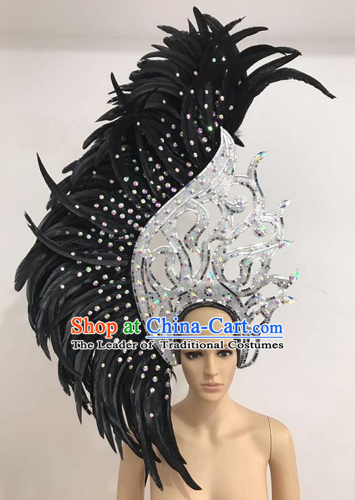 Top Grade Professional Stage Show Giant Headpiece Black Feather Hair Accessories Decorations, Brazilian Rio Carnival Samba Opening Dance Headwear for Women