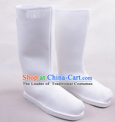 Chinese Ancient Peking Opera Officer Embroidered Court High Leg Boots, Traditional China Beijing Opera White Cloth Shoes