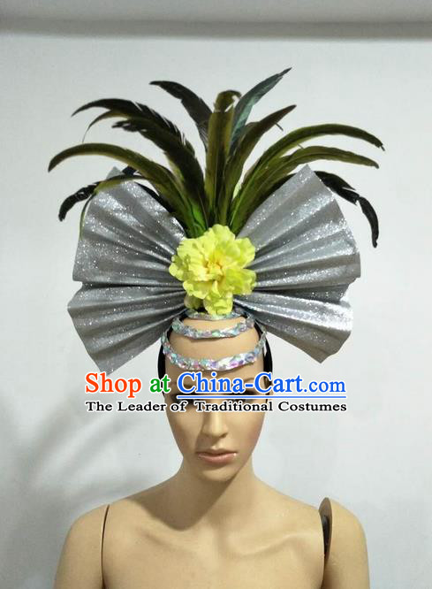 Top Grade Professional Stage Show Giant Headpiece Parade Giant Hair Accessories Feather Decorations, Brazilian Rio Carnival Samba Opening Dance Headwear for Women