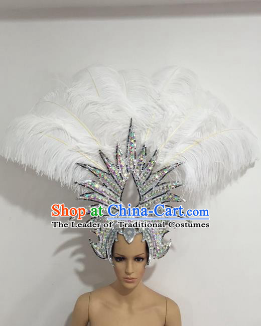 Top Grade Professional Stage Show Giant Headpiece Crystal White Feather Hair Accessories Decorations, Brazilian Rio Carnival Samba Opening Dance Headwear for Women