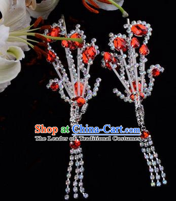 Chinese Ancient Peking Opera Hair Accessories Young Lady Diva Red Tassel Phoenix Hairpins, Traditional Chinese Beijing Opera Hua Tan Colorful Crystal Head Ornaments