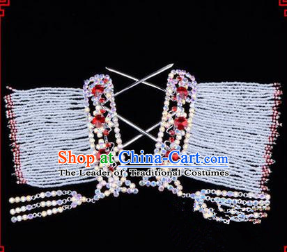 Chinese Ancient Peking Opera Hair Accessories Young Lady Diva Colorful Crystal Hairpins Red Temples Curtain, Traditional Chinese Beijing Opera Hua Tan Head Ornaments