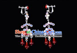 Chinese Ancient Peking Opera Head Accessories Young Lady Diva Colorful Crystal Red Earring, Traditional Chinese Beijing Opera Hua Tan Eardrop