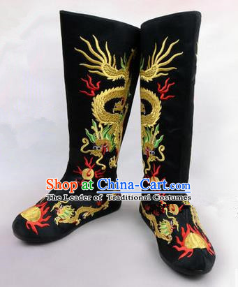 Chinese Ancient Peking Opera King Embroidered Dragon High Leg Boots, Traditional China Beijing Opera Emperor Black Embroidered Steller Shoes