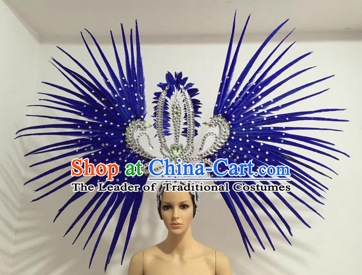 Top Grade Professional Stage Show Giant Headpiece Parade Hair Accessories Decorations, Brazilian Rio Carnival Samba Opening Dance Royalblue Feather Headdress for Women