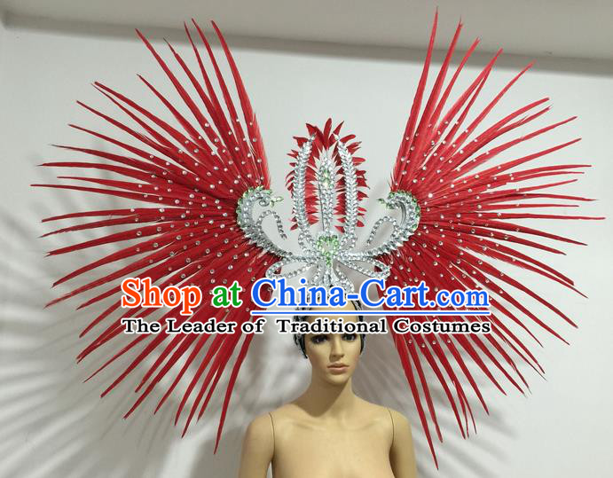 Top Grade Professional Stage Show Giant Headpiece Parade Hair Accessories Decorations, Brazilian Rio Carnival Samba Opening Dance Red Feather Headdress for Women