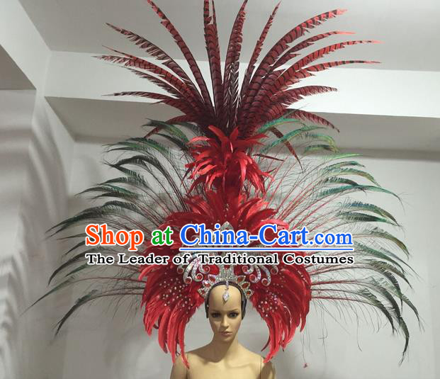 Top Grade Professional Stage Show Giant Headpiece Parade Hair Accessories Deluxe Decorations, Brazilian Rio Carnival Samba Opening Dance Red Feather Hats for Women